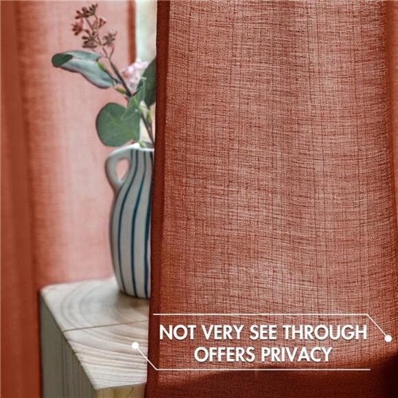 Burnt Orange Linen Textured Semi Sheer Curtains 2 Panels for Living Room Bedroom - Picture 4 of 7